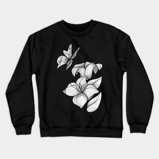 Black and white lily flowers with butterfly Crewneck Sweatshirt